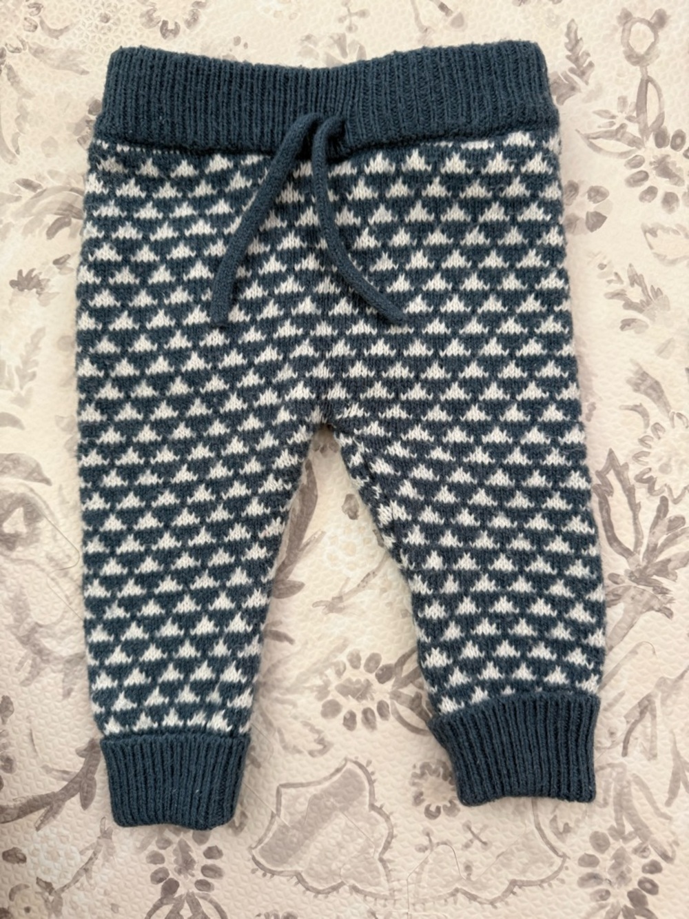 Zara Knit Triangle-Pattern Pants in Dark Teal and White